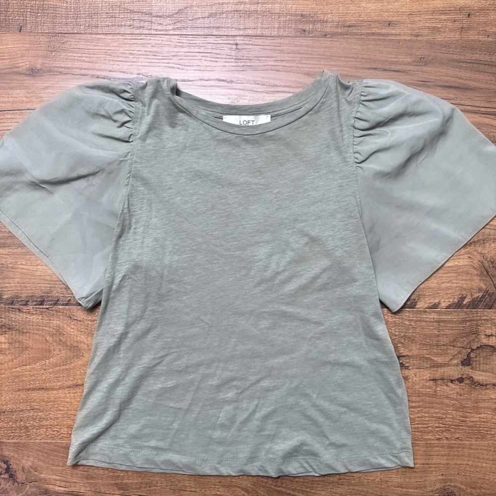 Loft Womens Small Sage‎ Green Flutter Sleeve Puffy Mixed Media T Shirt Casual